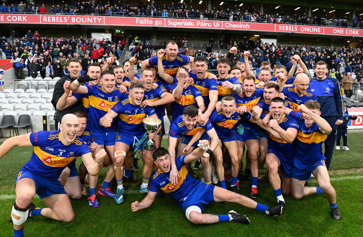Carrigaline celebrate after winning the McCarthy Insurance Group SAFC final in 2024 - a rare example of a team winning a championship immediately after being relegated. Picture: Larry Cummins Carrigaline celebrate after winning the McCarthy Insurance Group SAFC final in 2024 - a rare example of a team winning a championship immediately after being relegated. Picture: Larry Cummins