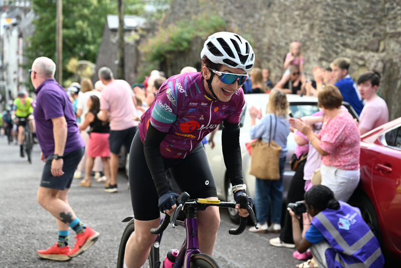 Mary Ryan in action on the last climb. Mary Ryan in action on the last climb.