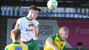 <p>Cork City's Donal O'Connor heads clear from Rockmount's Luke Hurley during the Grandon's Toyota Munster senior cup final at Munster FA Turner's Cross Picture; Eddie O'Hare</p> <p>Cork City's Donal O'Connor heads clear from Rockmount's Luke Hurley during the Grandon's Toyota Munster senior cup final at Munster FA Turner's Cross Picture; Eddie O'Hare</p>