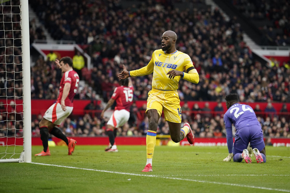 Crystal Palace's Jean-Philippe Mateta celebrates after scoring his side's second goal against  Manchester United  at Old Trafford Picture: AP Photo/Dave Thompson)