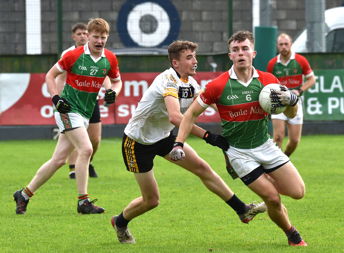  Neil Lordan of Ballinora getting away from Glenville's Ciarán O'Leary in the 2023 IAFC relegation play-off - the mid-Cork side are a rare example of a team winning a title in the years after securing survival. Picture: Dan Linehan