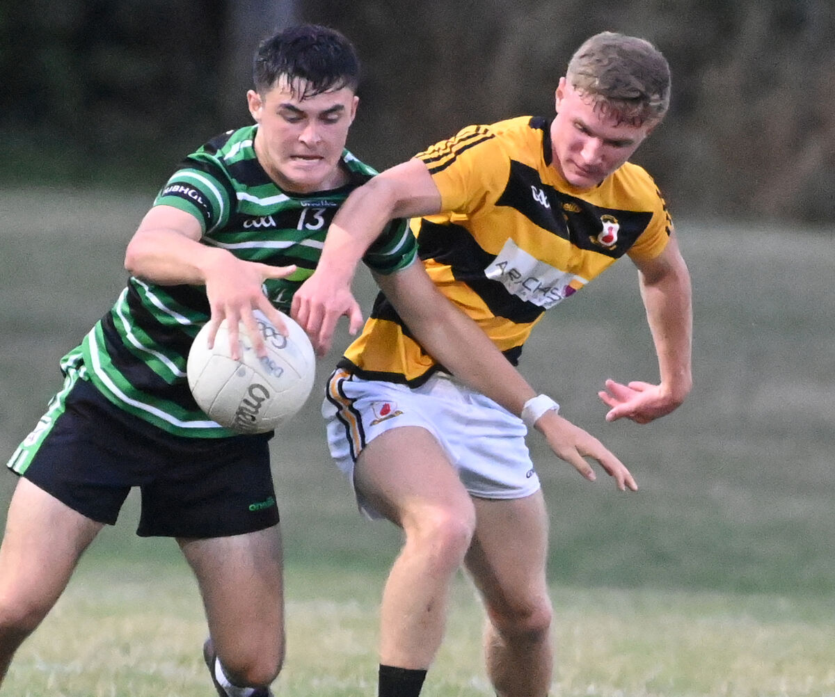 Douglas' Ben Herlihy wins the ball from Na Piarsaigh's Ryan Cronin during their Cork ETB Rebel Óg P1MFC tie at Douglas. Picture: Eddie O'Hare