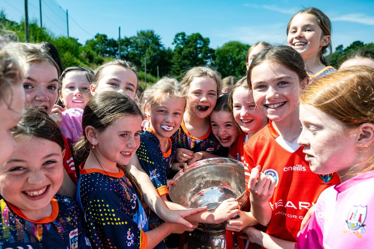The third and fourth class girls at Bandon GAA Cúl Camp where they were visited by Cork minor football stars.