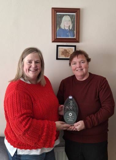 Lisa Murphy (right) with her Volunteer of the Year award in December, which she received from Liz O’Halloran, from the Mayfield Community Development Project (CDP)