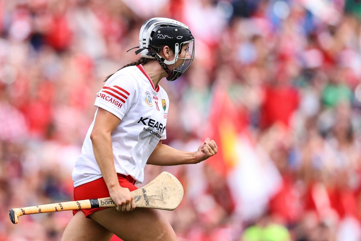 Saoirse McCarthy celebrates after scoring Cork's first goal in the All-Ireland final. Picture: INPHO/Ben Brady