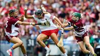 2026 Glen Dimplex All-Ireland Senior Camogie Championship Final Cork vs Galway Laura Hayes is tackled by Niamh Niland and Niamh Mallon 9/8/2026