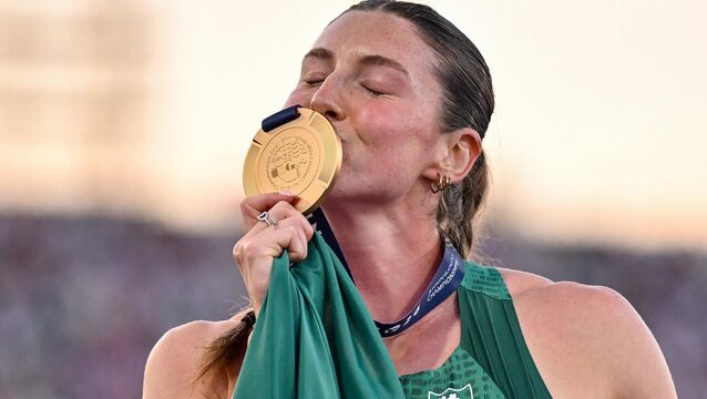 <p>Kate O’Connor of Ireland celebrates with her gold medal after winning the women’s heptathlon during day six of the European Athletics Championships 2026 at Alexander Stadium in Birmingham, England. Photo by Sam Barnes/Sportsfile</p>