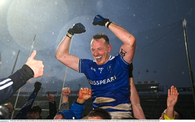 Damien Cahalane of Castlehaven celebrates after the penalty shootout win over Dingle in Limerick in 2023. Picture: Brendan Moran/Sportsfile Damien Cahalane of Castlehaven celebrates after the penalty shootout win over Dingle in Limerick in 2023. Picture: Brendan Moran/Sportsfile