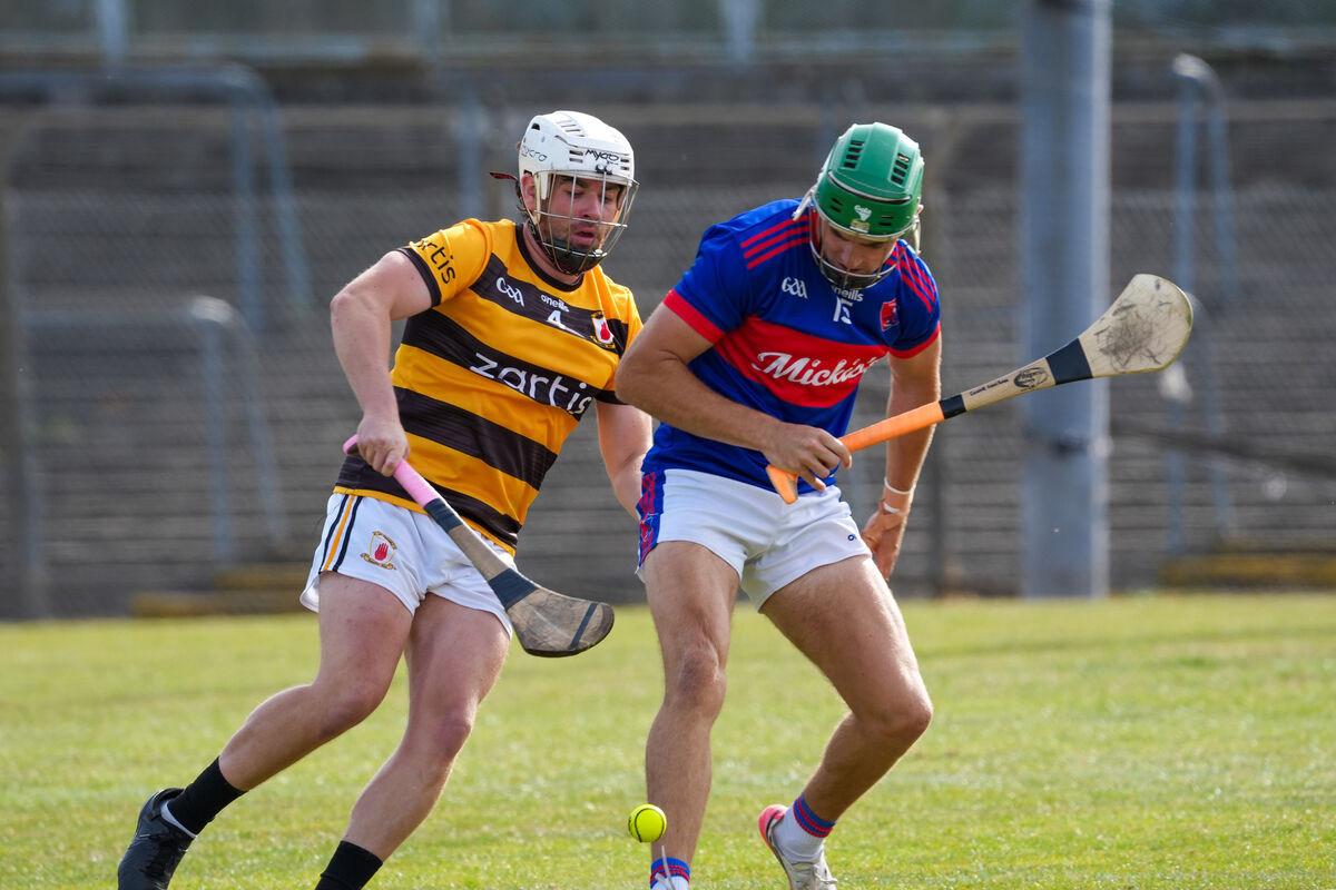 Na Piarsaigh’s Aaron Higgins and Erins Own’s Conor Lenihan battle for possession. Picture: Noel Sweeney Na Piarsaigh’s Aaron Higgins and Erins Own’s Conor Lenihan battle for possession. Picture: Noel Sweeney