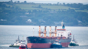 <p>Bulk Carrier MV Matthew being escorted out of Cork harbour by tugs Foteni, Ocean Challanger, Alex and Titan. Picture: David Creedon.</p>