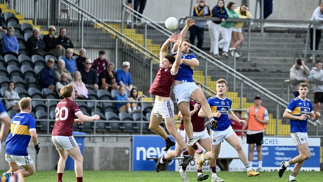 <p> Jack Twomey rises to challenge for Kilshannig in the McCarthy Insurance Group Senior A Football championship: Kilshannig vs Bishopstown at Mallow GAA. Picture: Larry Cummins</p>