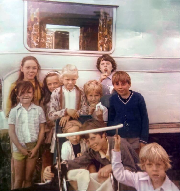 Alan Foley (front right, sucking a lollipop) and sister Catherine, behind pram, with friends outside the family caravan at Fountainstown Alan Foley (front right, sucking a lollipop) and sister Catherine, behind pram, with friends outside the family caravan at Fountainstown