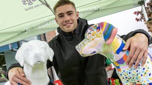 <p>IGD ambassador Jack Crowley with two of the dogs sculptures that will be on the dog-themed art trail throughout the city. Picture: Brian Lougheed.</p>