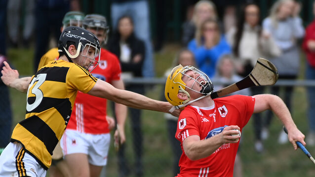 <p>Charleville's Jack O'Callaghan is tackled by Na Piarsaigh's Pádraig Guest during the Co-op SuperStores Cork Premier SHC relegation play-off at Mourneabbey in 2022. Picture: Eddie O'Hare</p>