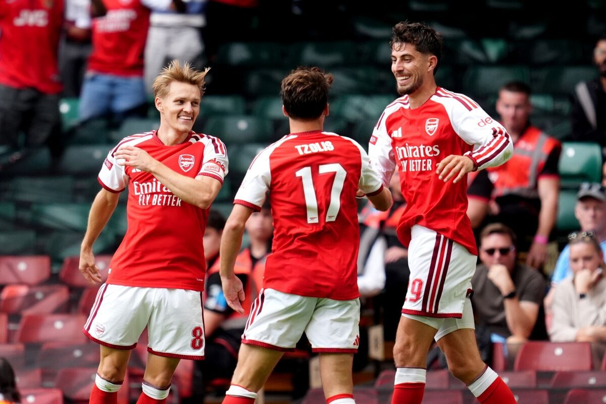 Arsenal's Martin Odegaard (left) celebrates scoring. Picture: Adam Davy/PA Wire.