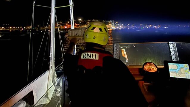 <p>Ballycotton RNLI station's all-weather lifeboat, The Austin Lidbury en route to rescue the three sailors from the 30ft yacht near Roches Point.</p>