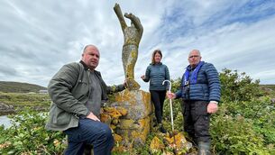 <p>Michael MacKinnon, Theresa Irving and Michael MacNeil, members of the group behind a project to replace the original concrete sculpture of St Finbarr, which is in danger of falling apart, with a bigger bronze statue on Scotland’s Isle of Barra.</p>