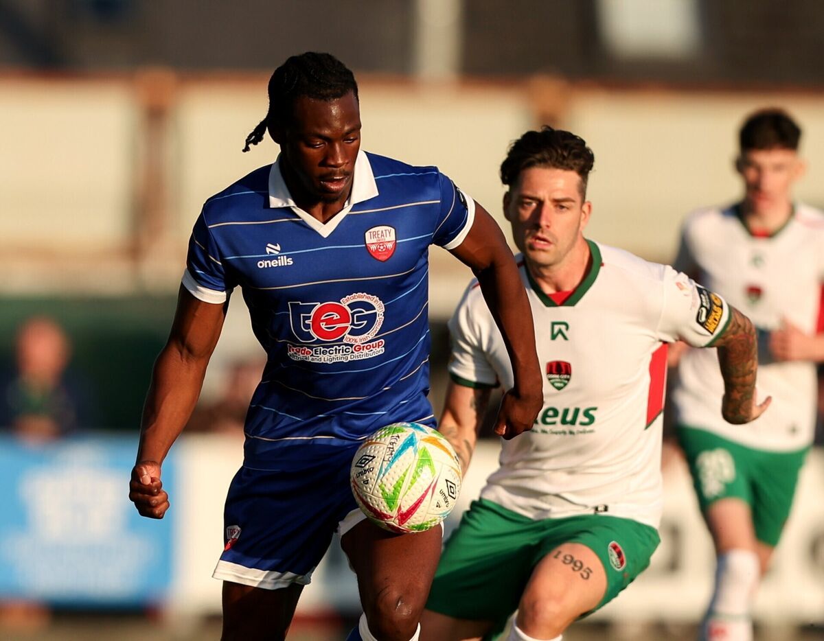 Darren Nwankwo of Treaty United in action against Ruairí Keating of Cork City. Picture: Michael P Ryan/Sportsfile Darren Nwankwo of Treaty United in action against Ruairí Keating of Cork City. Picture: Michael P Ryan/Sportsfile