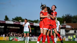 <p>Kate Mooney of Shelbourne, left, celebrates with Rachel Graham and Olivia Damico after scoring her side's sixth goal against Cork City. Picture: Paul Phelan/Sportsfile</p> <p>Kate Mooney of Shelbourne, left, celebrates with Rachel Graham and Olivia Damico after scoring her side's sixth goal against Cork City. Picture: Paul Phelan/Sportsfile</p>