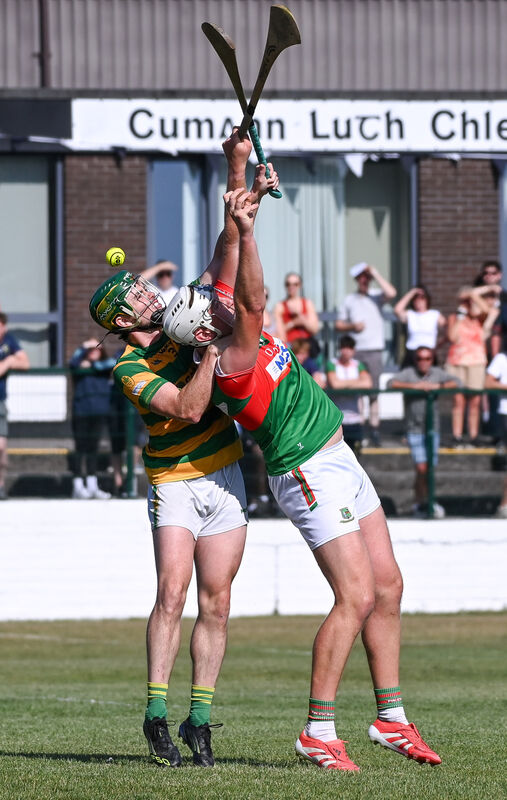  Blackrock's Cathal Cormack battles with Fr O'Neill's Jason Hankard during their Premier SHC clash at Midleton. Picture: David Keane.