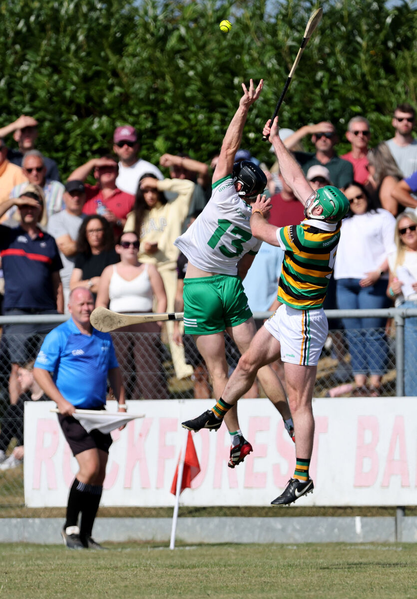 Luke Horgan, Glen Rovers, and Daniel O'Connell, Kanturk, under the dropping ball. Picture: Jim Coughlan.