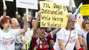 <p>Friedreich's Ataxia campaigners protest in Dublin to push for Skyclarys approval in Ireland. Picture: Sam Boal/Collins Photos</p>