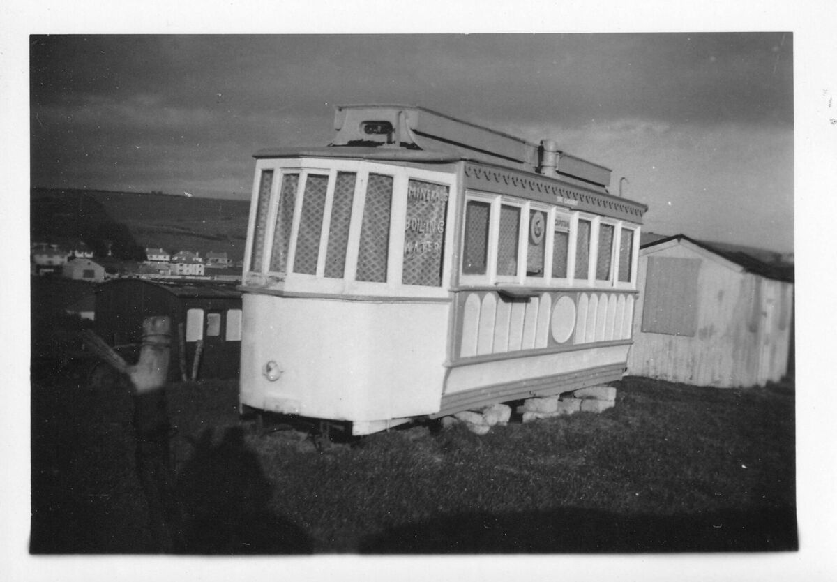 The converted tram at Claycastle, which was mounted on concrete blocks and used as a shop during the summer months. Picture suppled by Cyril McIntyre