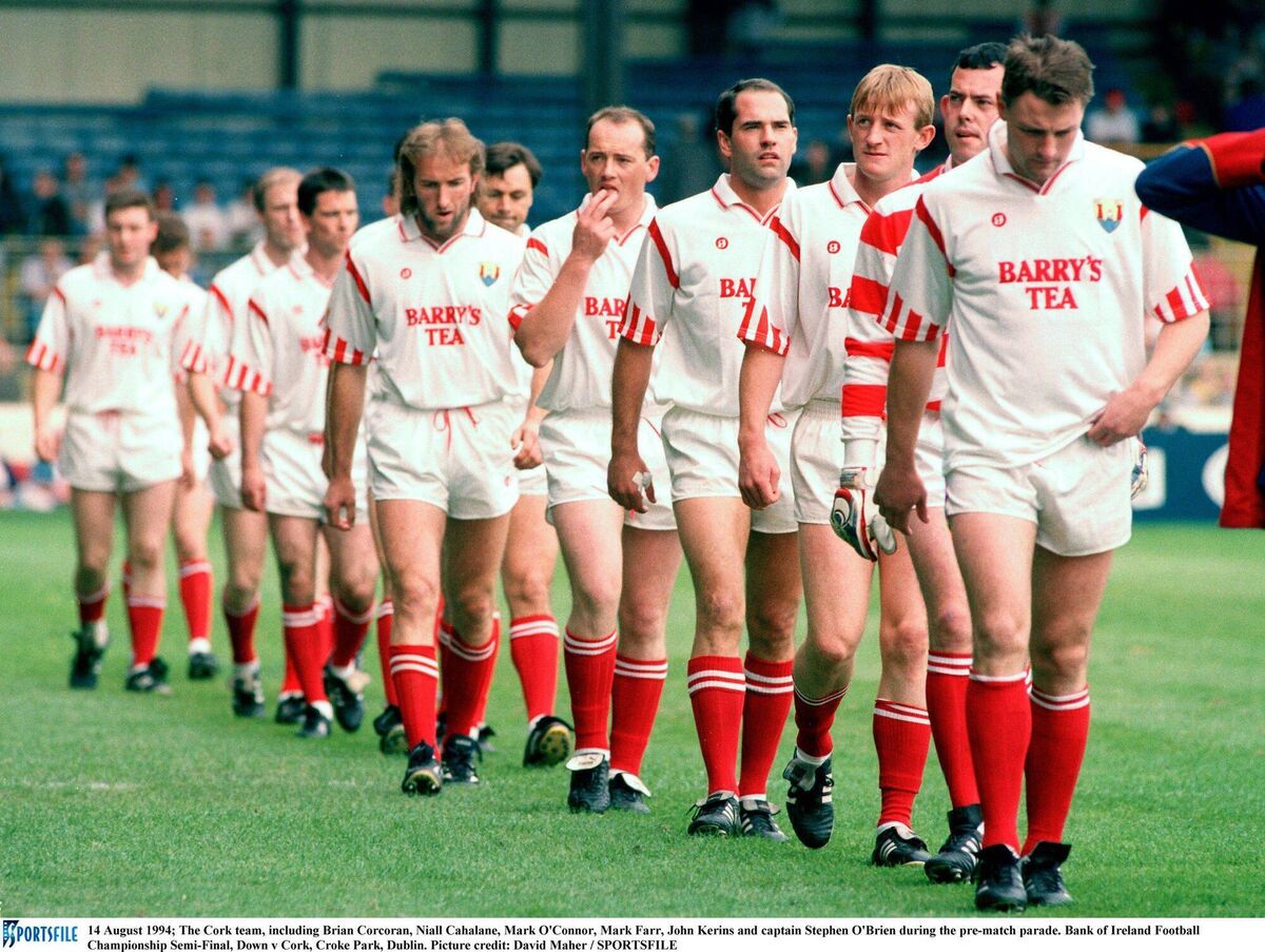 The Cork team, including Brian Corcoran, Niall Cahalane, Mark O'Connor, Mark Farr, John Kerins and captain Steven O'Brien during the pre-match parade against Down in 1994. Picture: David Maher/SPORTSFILE