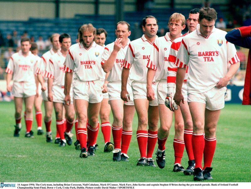 The Cork team, including Brian Corcoran, Niall Cahalane, Mark O'Connor, Mark Farr, John Kerins and captain Steven O'Brien during the pre-match parade against Down in 1994. Picture: David Maher/SPORTSFILE The Cork team, including Brian Corcoran, Niall Cahalane, Mark O'Connor, Mark Farr, John Kerins and captain Steven O'Brien during the pre-match parade against Down in 1994. Picture: David Maher/SPORTSFILE