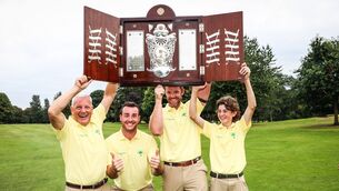 <p>Douglas Golf Club’s Karl Bornemann, Kyle McCarron, Peter O'Keefe and Justin Dennehy celebrate with the Barton Shield. Picture: INPHO/Tom Maher</p> <p>Douglas Golf Club’s Karl Bornemann, Kyle McCarron, Peter O'Keefe and Justin Dennehy celebrate with the Barton Shield. Picture: INPHO/Tom Maher</p>