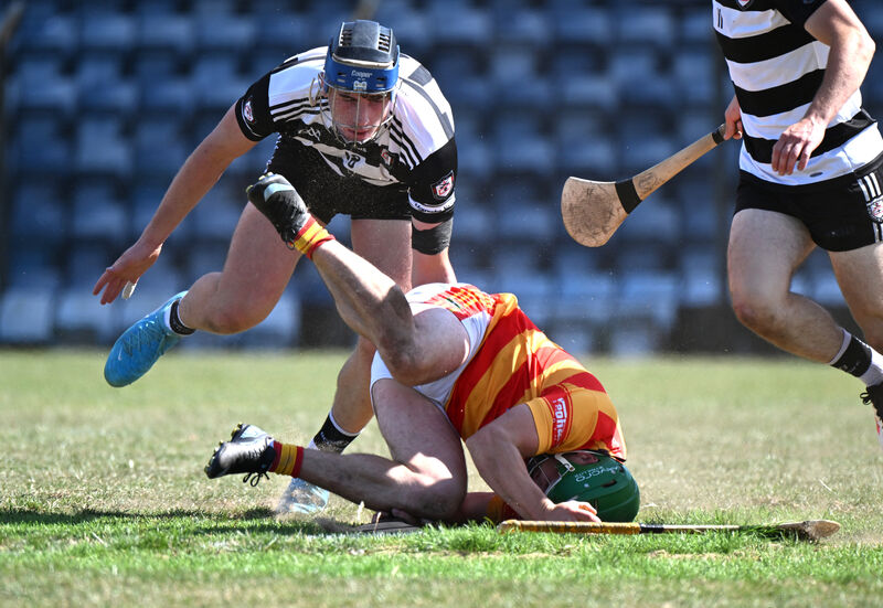 Newcestown defender Micheál McSweeney comes out worst from a challenge by Conor Morley at Páirc Uí Rinn on Saturday. Picture: Larry Cummins Newcestown defender Micheál McSweeney comes out worst from a challenge by Conor Morley at Páirc Uí Rinn on Saturday. Picture: Larry Cummins