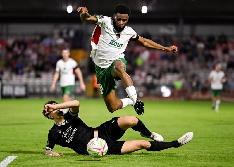 Hans Mpongo of Cork City is tackled by Ryan Butler of Wexford during the SSE Airtricity Men’s First Division match between Cork City and Wexford at Turner's Cross. Picture: Stephen McCarthy/Sportsfile