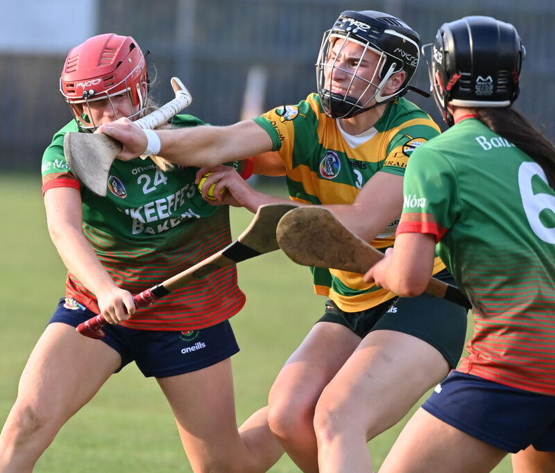 Blackrock's Mairead Kennedy is tackled by Ballinora's Eimear Wolfe. Picture: Eddie O'Hare