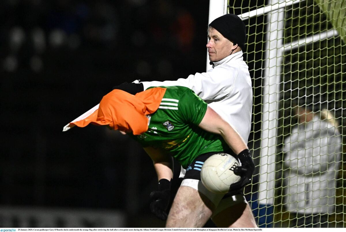 The two-point score has helped to revitalise football - apart from instances like where Cavan goalkeeper Gary O'Rourke had to duck underneath the orange flag. Picture: Ben McShane/Sportsfile