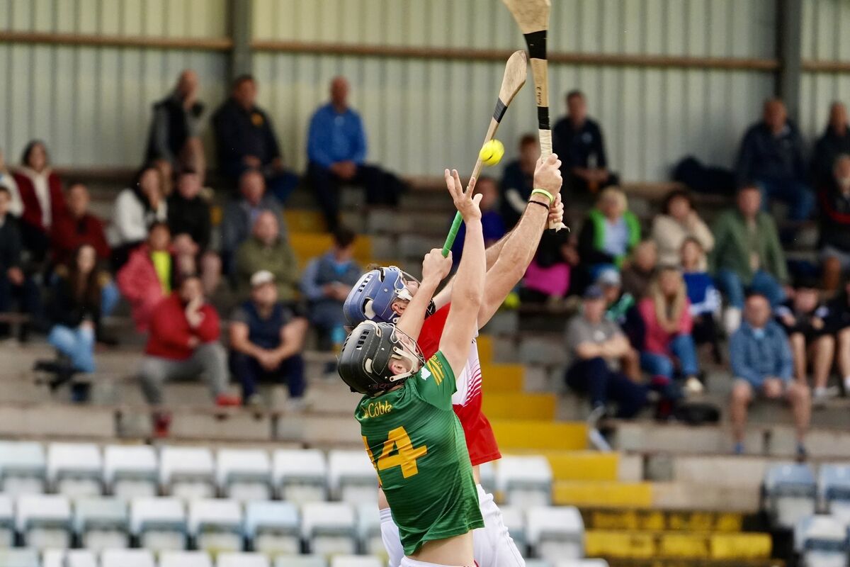 Imokilly’s Cillian O’Callaghan and Luke Malone on Seandún contest an aerial delivery. Picture: Noel Sweeney