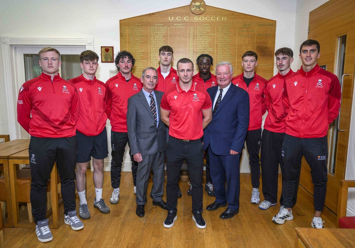 Manager David Moore with chairman Brian Lennox, president John McCarthy and members of the first team squad at the UCC Soccer National League Launch at the Mardyke. Picture: Doug Minihane Manager David Moore with chairman Brian Lennox, president John McCarthy and members of the first team squad at the UCC Soccer National League Launch at the Mardyke. Picture: Doug Minihane