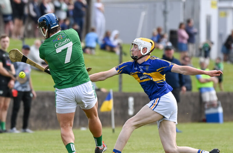 Killeagh's Gary Leahy has his shot blocked by Carrigtwohill's Matthew Barrett during their SHL clash at Carrigtwohill. Picture: David Keane. Killeagh's Gary Leahy has his shot blocked by Carrigtwohill's Matthew Barrett during their SHL clash at Carrigtwohill. Picture: David Keane.