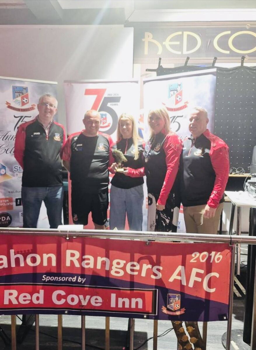 Ringmahon Rangers top goalscorer with an impressive 26 goals, Kayleigh Still receives her award from Liam Henry, Paul Higgins, Maria White and Colin Gurhy. CG