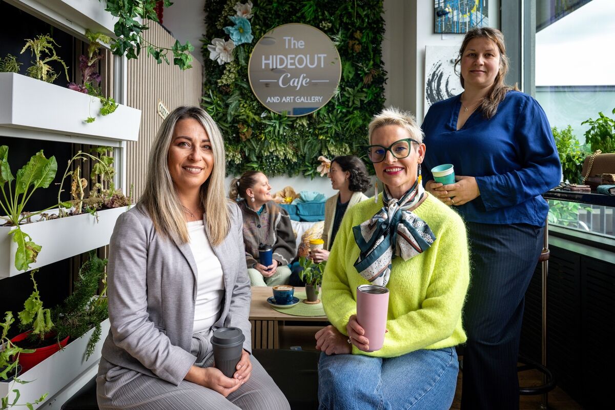 Sofia Kalfa, Orla McAndrew and Imke Range pose for a photograph while Cathy Fitzgibbon and Ailis Crowley chat in the background at Hideaway Cafe. Picture Chani Anderson Sofia Kalfa, Orla McAndrew and Imke Range pose for a photograph while Cathy Fitzgibbon and Ailis Crowley chat in the background at Hideaway Cafe. Picture Chani Anderson