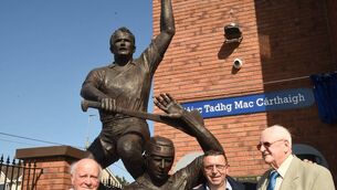 <p>John Arnold, Larry O’Gorman and Dave O’Mahony at the Teddy McCarthy statue unveiling in Riverstown in 2025</p>