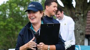 <p>Mary Bergin (Monkstown) in her role as Starter at the AIG All-Ireland FInals at Douglas Golf Club Picture: INPHO</p>