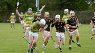 <p>Shane O’Shaughnessy of Blackrock takes possession as Na Piarsaigh’s Dara O’Leary closes in during Wednesday's Cork ETB U18 Premier 1 HC semi-final at Glenville. Picture: Noel Sweeney</p>