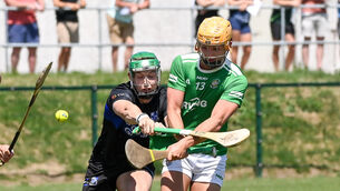 <p> Aghada's Noah Devoy hammers the ball to the Sarsfields net. Picture: David Keane</p> <p> Aghada's Noah Devoy hammers the ball to the Sarsfields net. Picture: David Keane</p>
