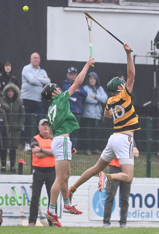  Luke Sheehan of Na Piarsaigh battles in the air with Killeagh's Fionn Brennan. Picture: David Keane.