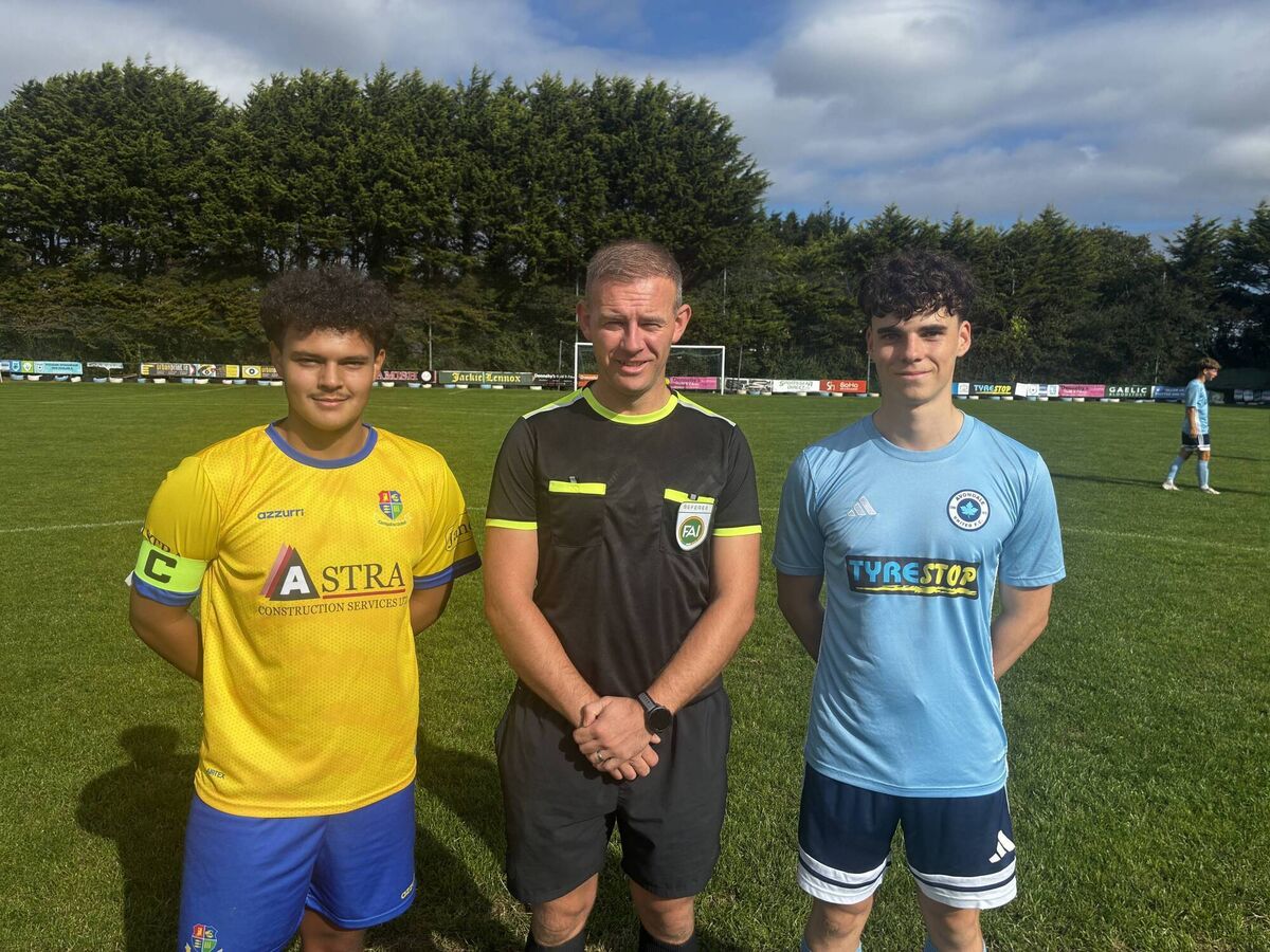 Carrigaline United captain Danny McSorley, Referee Shane Sherlock and Avondale United captain Freddie Long before their U19 League 1 clash at Avondale Park recently. Carrigaline United captain Danny McSorley, Referee Shane Sherlock and Avondale United captain Freddie Long before their U19 League 1 clash at Avondale Park recently.