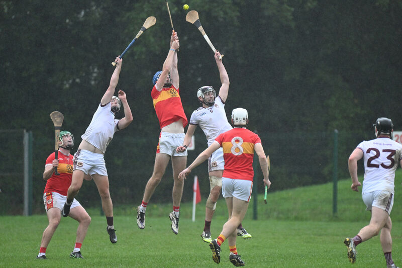  Aerial action as Colm O'Driscoll wins possession for Bishopstown in the Co-Op Superstores Cork County Premier Intermediate Hurling Championship (Group 1) Round 3 game; Bishopstown vs Eire Og at Blarney. Picture: Larry Cummins
