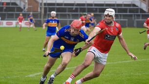 <p>Carrigaline’s three-goal hero Kevin O’Reilly and Kilworth’s Kieran Lane battle for possession during Sunday's Co-op SuperStores Cork Premier IHC game at Páirc Uí Rinn. Picture: Noel Sweeney</p>