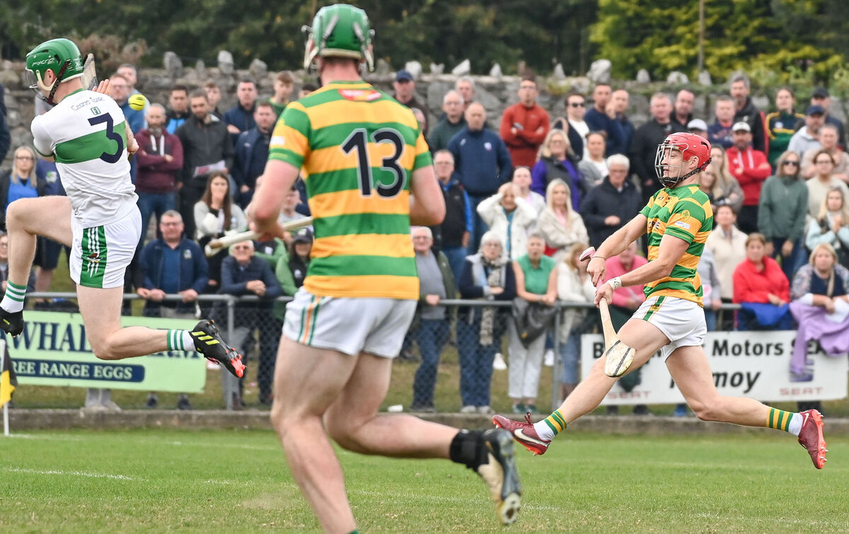  Blackrock's Alan Connolly crashes the ball to the Kanturk net in 2024. Picture: David Keane