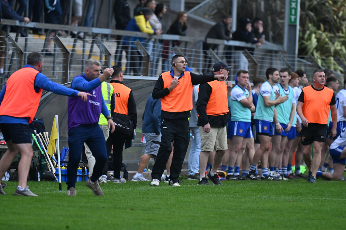 Ballinhassig manager John O'Sullivan (right) and coach John Paul Griffin (pointing) during the closing stages of Saturday's game. Picture: Larry Cummins Ballinhassig manager John O'Sullivan (right) and coach John Paul Griffin (pointing) during the closing stages of Saturday's game. Picture: Larry Cummins