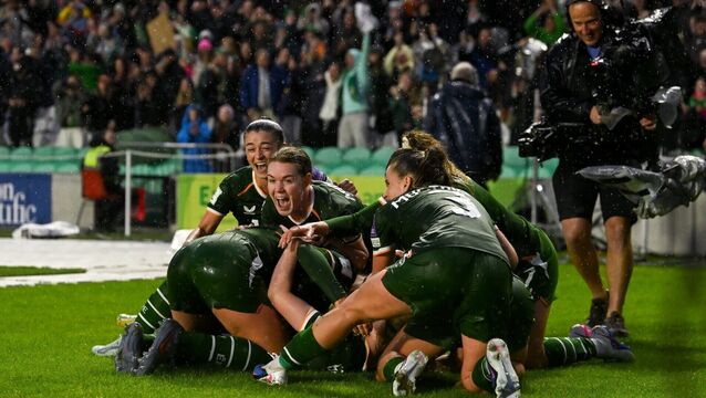<p>Ireland's Amber Barrett, hidden, celebrates with teammates after scoring the third goal against Netherlands at SuperValu Páirc Uí Chaoimh earlier this year. Picture: Stephen McCarthy/Sportsfile</p>